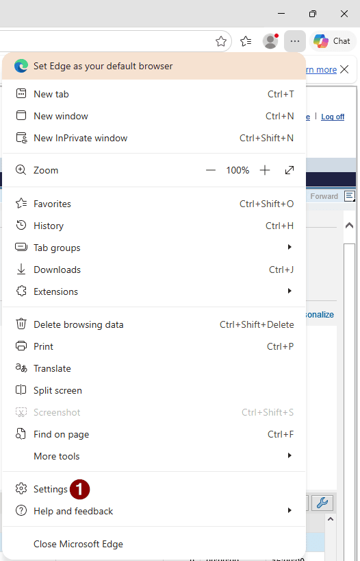 Microsoft Edge browser menu open with the Settings option highlighted
