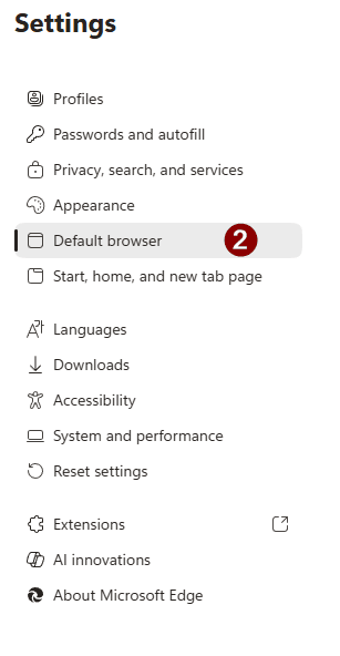 Microsoft Edge settings sidebar with the Default browser entry highlighted