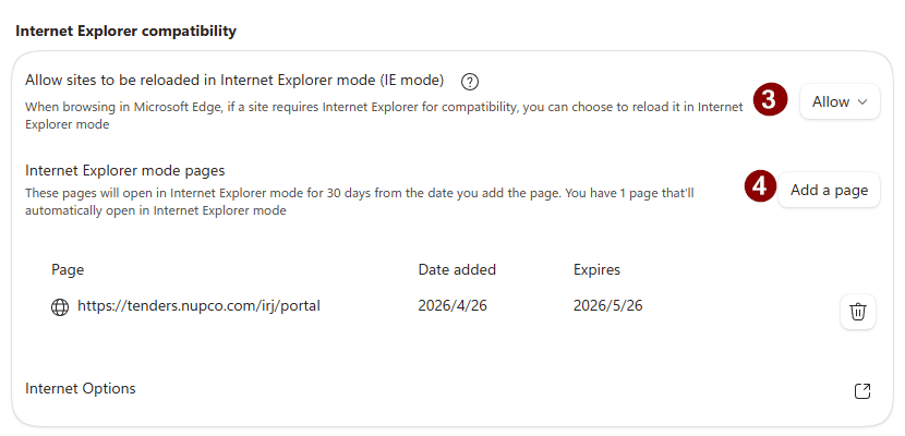 Edge Internet Explorer compatibility section showing the Allow dropdown and the NUPCO URL added to the Internet Explorer mode pages list